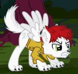 Size: 1341x1278 | Tagged: safe, artist:lightningbolt, derpibooru exclusive, derpibooru import, pegasus, pony, werewolf, .svg available, angry, awsten knight, canine nose, canine tail, claws, clothes, drool, dyed mane, ear fluff, ears, face down, fangs, glowing, glowing eyes, grass, growling, heterochromia, long sleeves, male, messy mane, outdoors, paws, ponified, shirt, show accurate, solo, species swap, spread wings, svg, torn clothes, tree, vector, waterparks, wing fluff, wings