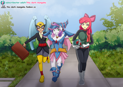 Size: 1240x877 | Tagged: safe, artist:the-dark-mangaka, derpibooru import, apple bloom, scootaloo, sweetie belle, human, equestria girls, birdgirl, birdman, briefcase, clothes, costume, dark magician girl, halloween, halloween costume, holiday, kamen rider, smiling