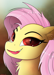 Size: 1496x2072 | Tagged: safe, alternate version, artist:andaluce, derpibooru import, fluttershy, bat pony, pony, abstract background, bat ponified, bust, chest fluff, fangs, flutterbat, halloween, holiday, portrait, race swap, smiling, solo