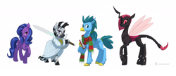 Size: 2138x920 | Tagged: safe, artist:carnifex, derpibooru import, oc, oc only, changeling, changeling queen, hippogriff, pegasus, pony, zebra, book, clothes, hippogriff oc, red changeling, scarf, simple background, striped scarf, sword, weapon, white background, zebra oc