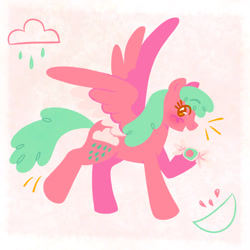 Size: 640x640 | Tagged: safe, artist:picturesofponies, derpibooru import, pegasus, pony, background pony, candy, cloud, cute, diamelon, female, food, mare, raincloud, spread wings, watermelon, watermelon taffy, wings