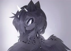 Size: 3216x2333 | Tagged: safe, artist:magnaluna, derpibooru import, oc, alicorn, pony, black and white, chest fluff, crown, ear fluff, ears, eyes do not belong there, female, grayscale, horn, horn ring, jewelry, looking at you, looking back, looking back at you, many eyes, mare, monochrome, multiple eyes, open mouth, rear view, regalia, ring, simple background, solo, spread wings, tiara, trypophobia, wing eyes, wing fluff, wings