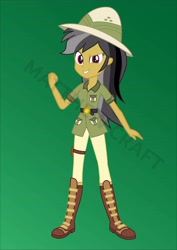 Size: 5167x7309 | Tagged: safe, artist:matthewcraft, derpibooru import, daring do, human, equestria girls, belt, boots, clothes, female, fist pump, gradient background, green background, hat, jodhpurs, pith helmet, shoes, simple background, smiling, solo, uniform