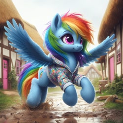 Size: 1024x1024 | Tagged: safe, ai content, machine learning generated, rainbow dash, pegasus, pony, alternate cutie mark, bing, clothes, female, flying, hoodie, mare, mud, ponyville, rain, smiling, solo, wet