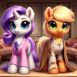 Size: 1024x1024 | Tagged: safe, ai content, machine learning generated, applejack, rarity, earth pony, pony, unicorn, alternate cutie mark, bing, clothes, duo, fashion, female, fluffy, friendship, furniture, looking at you, mare, missing accessory, not fashion, smiling, smiling at you, suit, tattered, torn clothes