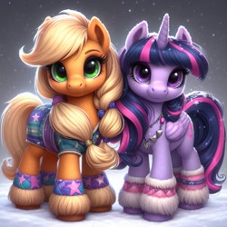 Size: 1024x1024 | Tagged: safe, ai content, machine learning generated, applejack, twilight sparkle, twilight sparkle (alicorn), alicorn, earth pony, pony, alternate cutie mark, alternate hairstyle, bing, clothes, female, hoof boots, jewelry, lesbian, looking at you, mare, missing accessory, smiling, smiling at you, snow, twijack, winter outfit