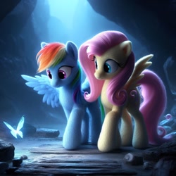 Size: 1024x1024 | Tagged: safe, ai content, machine learning generated, fluttershy, rainbow dash, butterfly, pegasus, pony, bing, cave, duo, female, fluffy, looking at something, magic, mare