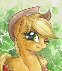 Size: 2152x2440 | Tagged: safe, artist:the-wizard-of-art, derpibooru import, part of a set, applejack, earth pony, pony, g4, applejack's hat, clothes, cowboy hat, eyebrows, female, freckles, hat, high res, looking at you, mare, old art, one eye closed, smiling, smiling at you, solo, traditional art, watercolor painting, wink, winking at you