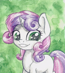 Size: 2160x2419 | Tagged: safe, artist:the-wizard-of-art, derpibooru import, part of a set, sweetie belle, pony, unicorn, g4, blank flank, cute, diasweetes, eyebrows, female, filly, foal, grin, high res, horn, looking at you, smiling, smiling at you, solo, traditional art, watercolor painting