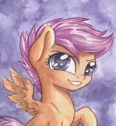 Size: 2223x2415 | Tagged: safe, artist:the-wizard-of-art, derpibooru import, part of a set, scootaloo, pegasus, pony, g4, abstract background, blank flank, cute, cutealoo, eyebrows, female, filly, foal, grin, gritted teeth, high res, looking at you, raised hoof, raised leg, smiling, smiling at you, solo, spread wings, teeth, traditional art, watercolor painting, wings