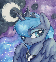 Size: 2240x2483 | Tagged: safe, artist:the-wizard-of-art, derpibooru import, part of a set, princess luna, alicorn, pony, g4, bust, eyebrows, female, high res, horn, lidded eyes, looking at you, mare, moon, old art, partially open wings, portrait, solo, traditional art, watercolor painting, wings