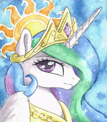 Size: 2164x2463 | Tagged: safe, artist:the-wizard-of-art, derpibooru import, part of a set, princess celestia, alicorn, pony, g4, bust, crown, eyebrows, female, high res, horn, jewelry, looking at you, mare, old art, portrait, profile, regalia, solo, traditional art, watercolor painting, wings