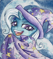 Size: 2189x2453 | Tagged: safe, artist:the-wizard-of-art, derpibooru import, trixie, pony, unicorn, g4, bust, cape, clothes, eyebrows, female, hat, high res, horn, looking at you, mare, old art, open mouth, open smile, smiling, smiling at you, solo, traditional art, trixie's cape, trixie's hat, watercolor painting, wizard hat