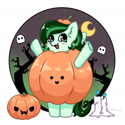 Size: 2005x2005 | Tagged: safe, artist:peachmytto, derpibooru import, oc, oc only, oc:eden shallowleaf, ghost, undead, candle, clothes, commission, costume, food, food costume, moon, pumpkin, pumpkin costume, smiley face, tree, ych result