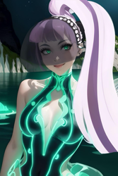 Size: 1024x1536 | Tagged: safe, ai content, derpibooru import, editor:sammykun, machine learning generated, coloratura, human, breasts, busty coloratura, cleavage, clothes, countess coloratura, dress, female, glowing, glowing eyes, hairband, half body, headband, humanized, long hair, looking at you, neon, night, ponytail, prompter:sammykun, rara, sleeveless, sleeveless dress, smiling, solo, sweater, turtleneck, veil, water