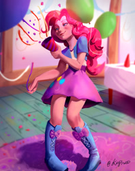 Size: 1920x2428 | Tagged: artist needed, source needed, safe, derpibooru import, pinkie pie, equestria girls, balloon, boots, clothes, confetti, high heel boots, jacket, party, party popper, shirt, shoes, skirt, solo, vest