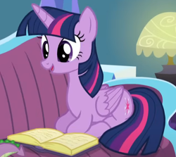 Size: 1212x1081 | Tagged: safe, derpibooru import, screencap, twilight sparkle, twilight sparkle (alicorn), alicorn, pony, amending fences, book, cute, female, lying down, mare, open mouth, ponyloaf, prone, smiling, solo, twiabetes