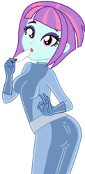 Size: 1044x2148 | Tagged: safe, artist:yaya54320bases, derpibooru import, sunny flare, human, equestria girls, ass, base used, butt, eyeshadow, food, latex, latex catsuit, looking at you, makeup, popsicle, simple background, solo, totally spies, white background