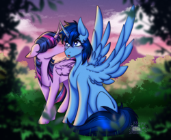 Size: 2800x2300 | Tagged: artist needed, source needed, safe, derpibooru import, twilight sparkle, twilight sparkle (alicorn), oc, oc:blue thunder, alicorn, g4, alicorn oc, canon x oc, female, horn, kissing, male, mare, shipping, stallion, straight, thundersparkle, waifu thief, wings