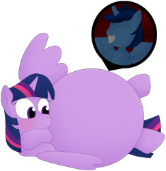 Size: 390x401 | Tagged: artist needed, source needed, safe, derpibooru import, twilight sparkle, twilight sparkle (alicorn), oc, oc:blue thunder, alicorn, pony, alicorn oc, blushing, canon x oc, female, fetish, horn, inside stomach, internal, male, mare, oral vore, shipping, simple background, stallion, straight, thundersparkle, transparent background, twipred, vore, wings