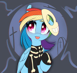 Size: 1000x952 | Tagged: safe, artist:inkypuso, derpibooru import, rainbow dash, pegasus, pony, :p, blushing, clothes, costume, cute, daaaaaaaaaaaw, dashabetes, female, halloween, halloween costume, looking offscreen, mare, mask, silly, skeleton costume, solo, tongue, tongue out