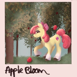 Size: 2048x2048 | Tagged: safe, artist:selkie_bug, derpibooru import, apple bloom, earth pony, pony, apple, apple tree, female, filly, foal, food, polaroid, solo, text, tree, unshorn fetlocks