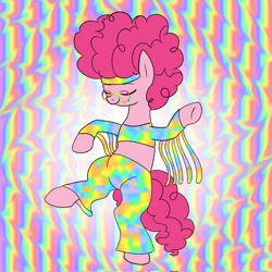 Size: 2048x2048 | Tagged: safe, artist:legendoflink, derpibooru import, pinkie pie, earth pony, pony, bipedal, female, glasses, headband, hippie, mare, pinktober, psychedelic, round glasses, solo, standing, standing on one leg, tie dye