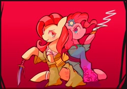 Size: 1427x1000 | Tagged: safe, artist:solid shrimp, derpibooru import, fluttershy, pinkie pie, earth pony, pegasus, pony, clothes, duo, female, gradient background, grin, kimono (clothing), knife, looking at you, mare, pinktober, pipe, smiling, smoking, yakuza