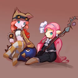 Size: 1024x1024 | Tagged: safe, artist:solid shrimp, derpibooru import, fluttershy, pinkie pie, earth pony, pegasus, pony, clothes, costume, crossed legs, disgaea, dress, duo, female, gradient background, hat, mare, pinktober, sitting, socks, staff, striped socks