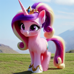 Size: 3072x3072 | Tagged: safe, ai content, derpibooru import, generator:pony diffusion v5, generator:stable diffusion, machine learning generated, princess cadance, pony, unicorn, crown, cute, female, filly, filly cadance, foal, grass, high res, irl, jewelry, photo, ponies in real life, race swap, realistic, regalia, smiling, solo, unicorn cadance, younger