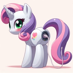 Size: 1024x1024 | Tagged: safe, ai content, derpibooru import, generator:dall-e 3, machine learning generated, sweetie belle, sweetie bot, pony, robot, robot pony, unicorn, butt, charging cable, plot, prompter:nebbie, simple background, solo