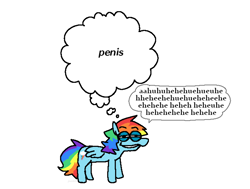 Size: 2085x1575 | Tagged: safe, artist:punkittdev, derpibooru import, rainbow dash, pegasus, pony, female, grin, implied penis, laughing, mare, silly, simple background, smiling, solo, thought bubble, white background