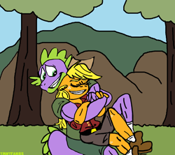 Size: 1124x996 | Tagged: safe, artist:tmntfan85, derpibooru import, applejack, spike, anthro, earth pony, plantigrade anthro, adult, adult spike, applespike, eyes closed, female, grin, hug, hug from behind, male, older, older spike, shipping, smiling, straight, tree