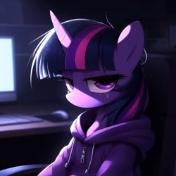 Size: 1024x1024 | Tagged: safe, ai content, derpibooru import, generator:dall-e 3, machine learning generated, twilight sparkle, pony, chair, clothes, crying, hoodie, messy mane, monitor, office chair, prompter:ponynyanners