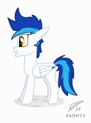 Size: 1080x1448 | Tagged: safe, artist:snowy_pony, derpibooru import, oc, oc only, oc:snowflake feather, pegasus, pony, male, simple background, smiling, solo, stallion, white background