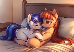 Size: 2176x1536 | Tagged: safe, ai content, derpibooru import, generator:easyfluff v11.2, machine learning generated, earth pony, pony, bed, cuddling, duo, lying down, lying on bed, on bed, pillow, prompter:aiponyanon, the quality of ai art is frightening