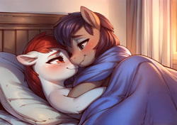 Size: 2176x1536 | Tagged: safe, ai content, derpibooru import, generator:easyfluff v11.2, machine learning generated, earth pony, pony, bed, bedroom, blanket, blushing, cuddling, duo, pillow, prompter:aiponyanon