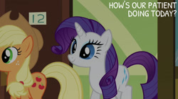 Size: 828x465 | Tagged: safe, derpibooru import, edit, edited screencap, editor:quoterific, screencap, applejack, rarity, read it and weep, hospital