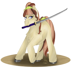 Size: 3025x2931 | Tagged: safe, artist:loopina, derpibooru import, oc, oc only, oc:marianne, earth pony, badass, female, heterochromia, katana, mare, poctober, simple background, solo, sword, transparent background, weapon