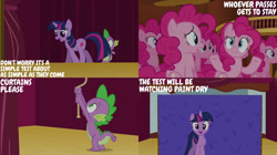 Size: 828x465 | Tagged: safe, derpibooru import, edit, edited screencap, editor:quoterific, screencap, pinkie pie, spike, twilight sparkle, too many pinkie pies