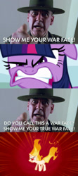 Size: 853x1920 | Tagged: safe, derpibooru import, edit, edited screencap, screencap, twilight sparkle, unicorn twilight, human, pony, unicorn, feeling pinkie keen, ears, floppy ears, full metal jacket, gunnery sergeant hartman, irl, irl human, meme, photo, rapidash twilight, war face