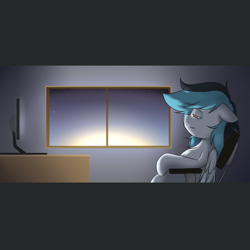 Size: 3000x3000 | Tagged: safe, artist:kadoge, derpibooru import, oc, oc only, oc:turquoise splash, pegasus, pony, chair, computer, ears, floppy ears, lidded eyes, male, office chair, profile, sitting, smiling, solo, stallion