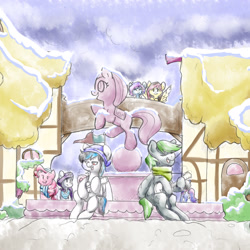 Size: 1916x1916 | Tagged: safe, artist:wlemin, derpibooru import, pinkie pie, rarity, oc, oc:forest rain, oc:turquoise splash, pegasus, pony, acoustic guitar, clothes, female, fountain, guitar, hat, male, mare, musical instrument, ponyville, scarf, singing, sitting, snow, stallion, winter