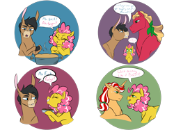 Size: 2732x2048 | Tagged: safe, artist:pitterpaint, derpibooru import, oc, oc only, oc:ascot, oc:cherry pit, oc:cream cheese, oc:darcy spice, donkey, earth pony, pony, unicorn, burn, censored, censored vulgarity, crying, dialogue, female, food, freckles, fudge, male, mare, oc x oc, offspring, parent:applejack, parent:big macintosh, parent:cheerilee, parent:cheese sandwich, parent:cranky doodle donkey, parent:flim, parent:matilda, parent:pinkie pie, parents:cheerimac, parents:cheesepie, parents:crankilda, parents:flimjack, pie, shipping, simple background, stallion, starry eyes, straight, tears of joy, transparent background, vulgar, wingding eyes