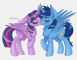 Size: 518x401 | Tagged: source needed, safe, artist:sushimeko, derpibooru import, twilight sparkle, twilight sparkle (alicorn), oc, oc:blue thunder, alicorn, canon x oc, kiss on the lips, kissing, thundersparkle