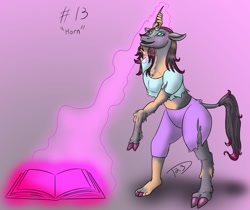 Size: 1191x1000 | Tagged: safe, artist:torlion, derpibooru import, oleander, classical unicorn, unicorn, them's fightin' herds, book, cloven hooves, community related, glowing, glowing horn, horn, leonine tail, magic, transformation, unshorn fetlocks