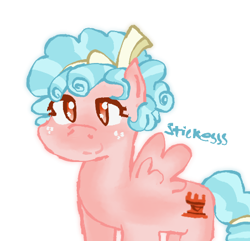Size: 452x436 | Tagged: safe, artist:stickesss, derpibooru import, cozy glow, pegasus, pony, female, filly, foal, simple background, smiling, solo, text, white background