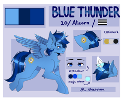 Size: 1781x1459 | Tagged: source needed, safe, artist:_.sleepytea, derpibooru import, oc, oc only, oc:blue thunder, alicorn, reference sheet, solo