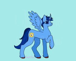 Size: 1312x1048 | Tagged: artist needed, source needed, safe, derpibooru import, oc, oc only, oc:blue thunder, alicorn, blue background, simple background, solo