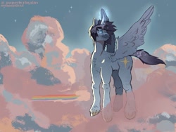 Size: 2160x1620 | Tagged: artist needed, source needed, safe, alternate version, derpibooru import, oc, oc only, oc:blue thunder, alicorn, cloud, solo